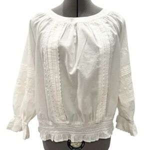 Chicos White Embroidered Lace Smocked Blouse Top Size 1 US 8 Boho Peasant Blouse
